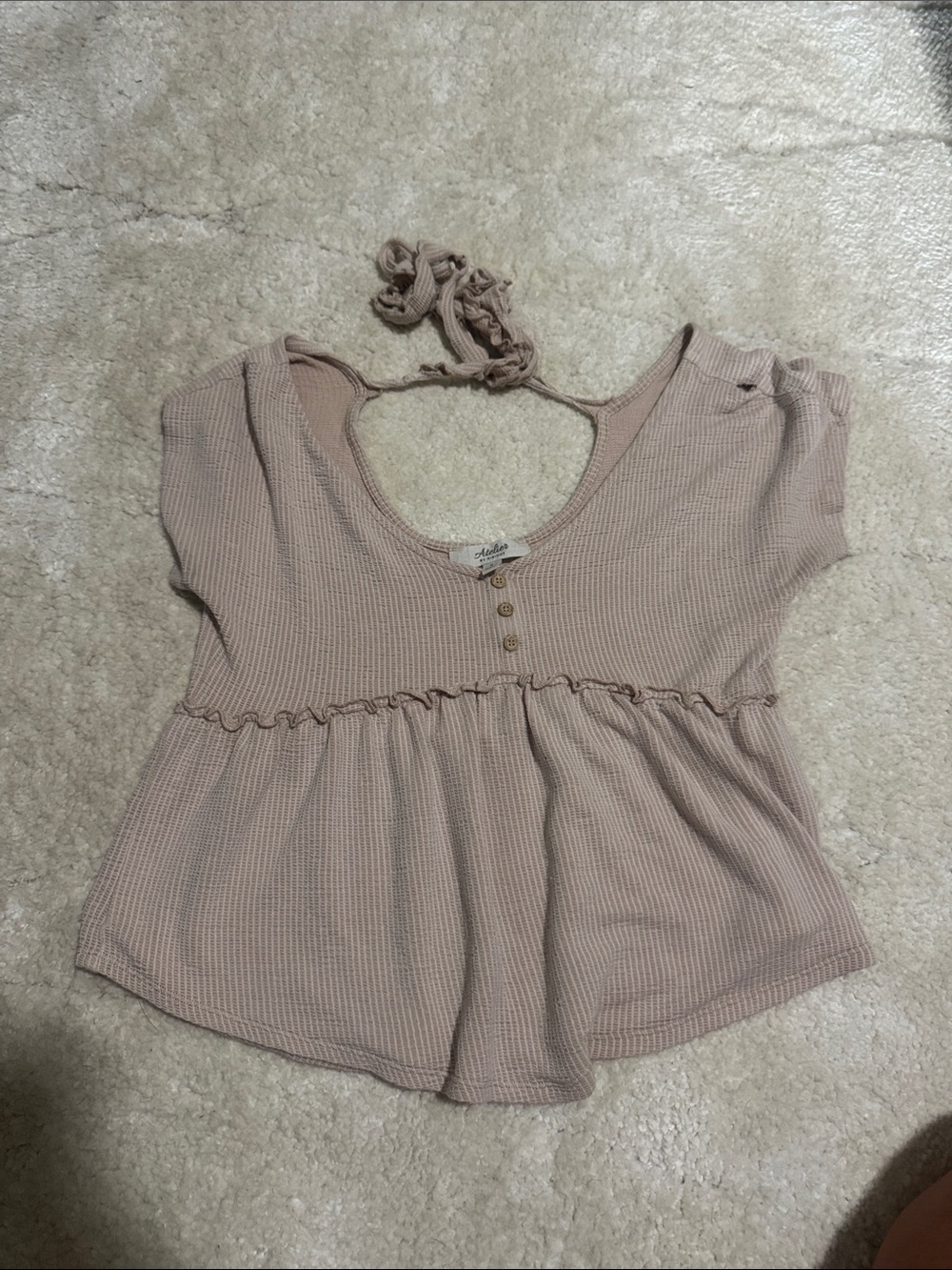 Atelier Sona Blush Ribbed Peplum Short Sleeve Top